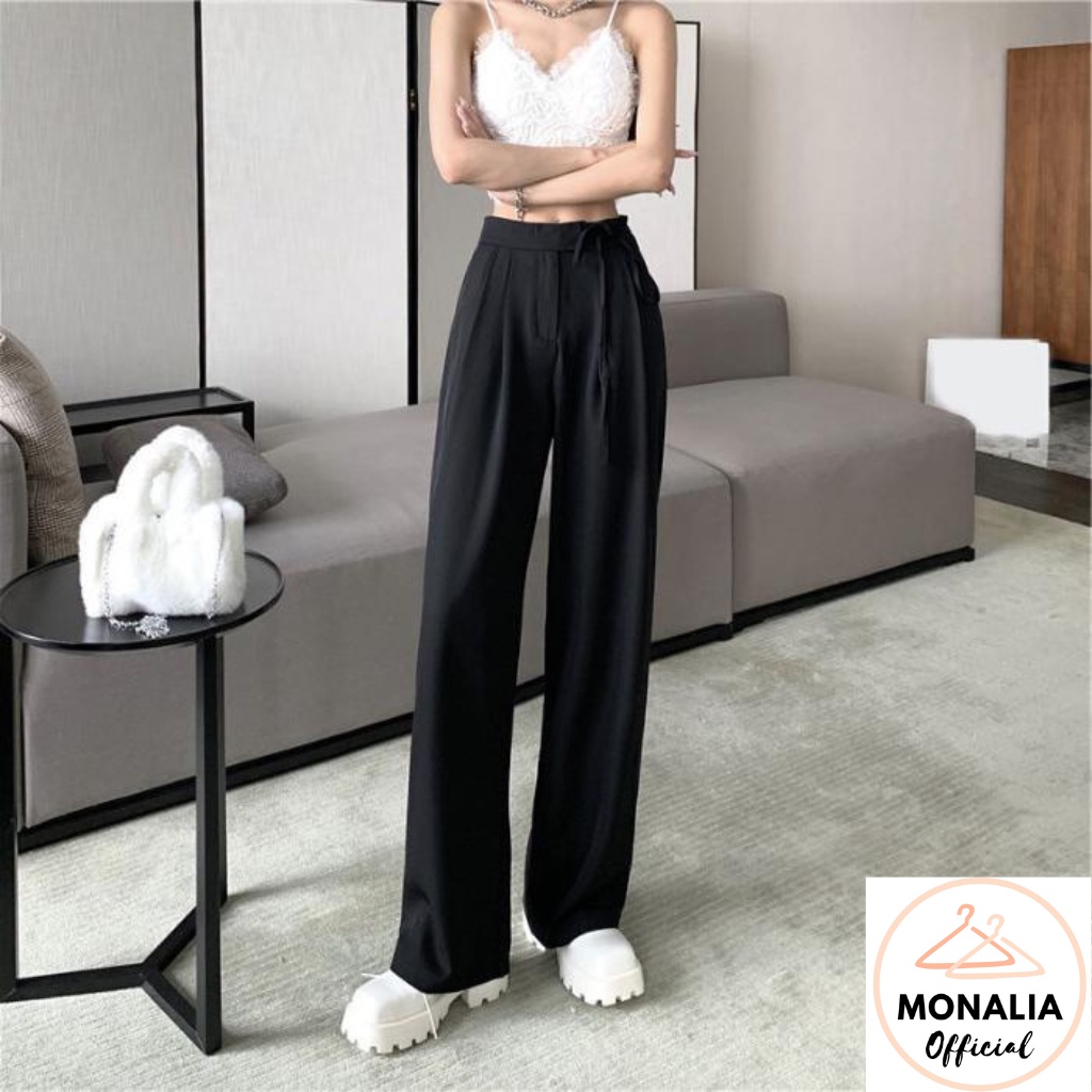 QUẦN ỐNG RỘNG MONALIA LƯNG CẠP CAO ỐNG SUÔNG VẢI NỮ DÀI CULOTTES XUÔNG MÀU ĐEN XÁM NÂU