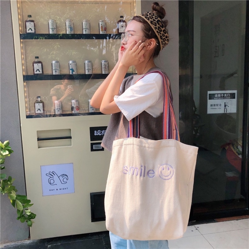 Túi Tote Vải Canvas Thêu Hoạ Tiết Smile Xinh Xắn