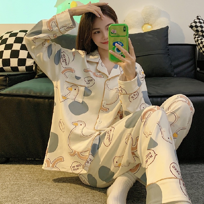 Bộ Đồ Ngủ Pijama Tay Dài In Họa Tiết Dâu Tây / Gấu Batik Phong Cách Hàn Quốc Thời Trang Xuân Thu Cho Nữ