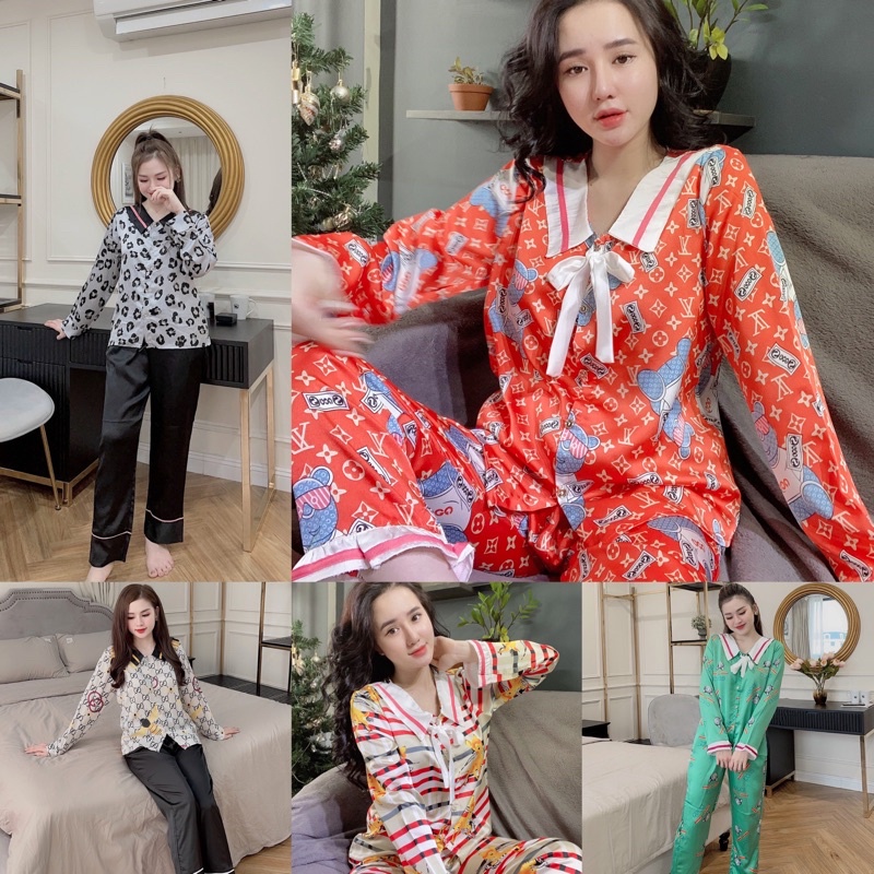 Đồ bộ pijama tay dài quần dài lụa satin cao cấp giá rẻ, pijama thiết kế, đồ bộ ra đường