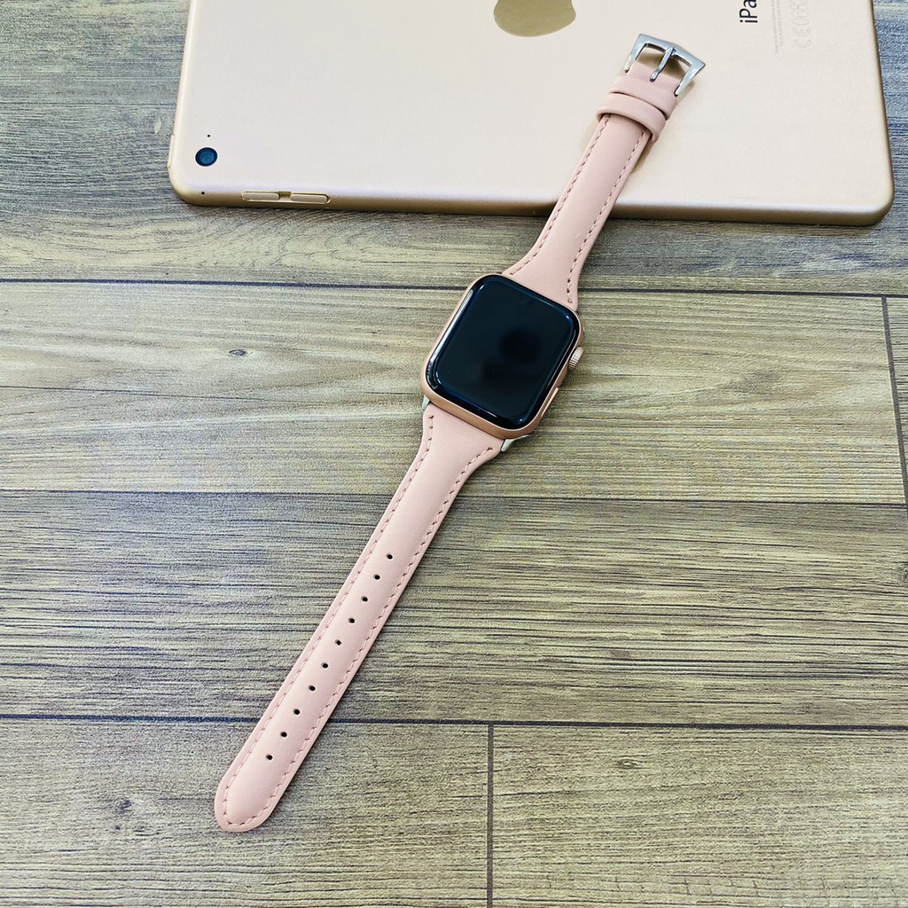 Dây da bản nhỏ màu hồng cực dễ thương dành cho apple watch series 1/2/3/4/5/6/se