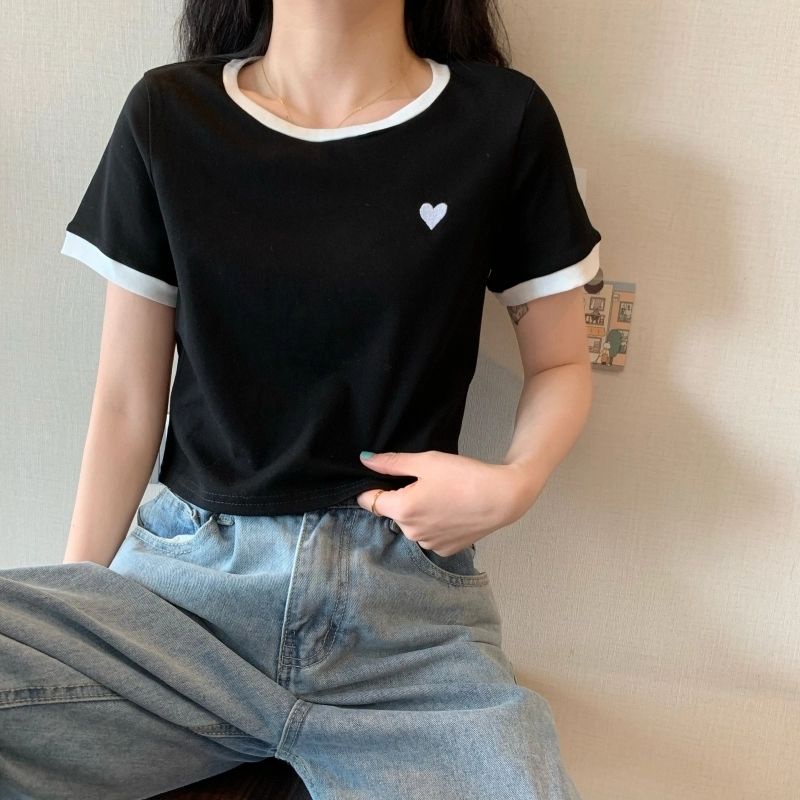 Áo Thun Ngắn Tay Thêu Họa Tiết Trái Tim Thời Trang Mùa Hè Phong Cách Hàn Quốc 2022 Cho Nữ