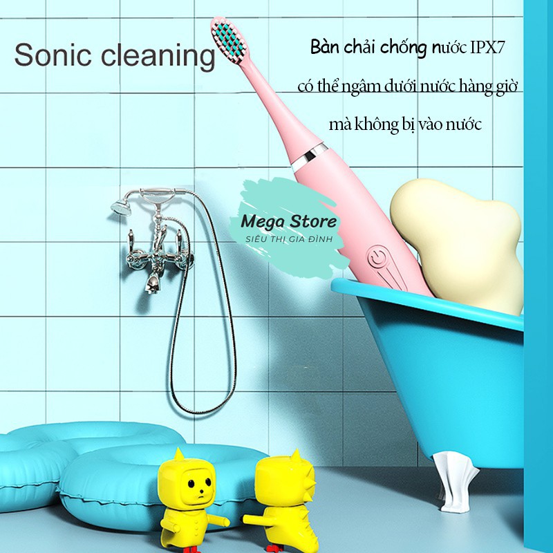 Bàn Chải Đánh Răng Đện Trẻ Em - Máy Đánh Răng Chính Hãng Sonic 4 Chế Độ Tự Động + Cáp Sạc + Tặng 8 Đầu Chải