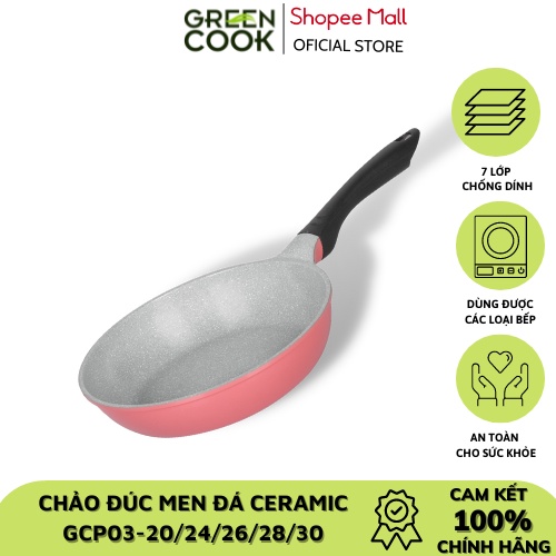 Chảo đúc chống dính men đá ceramic đáy từ 26 cm Green Cook GCP03-26IHP màu hồng công nghệ 7 lớp chống dính Hàn Quốc