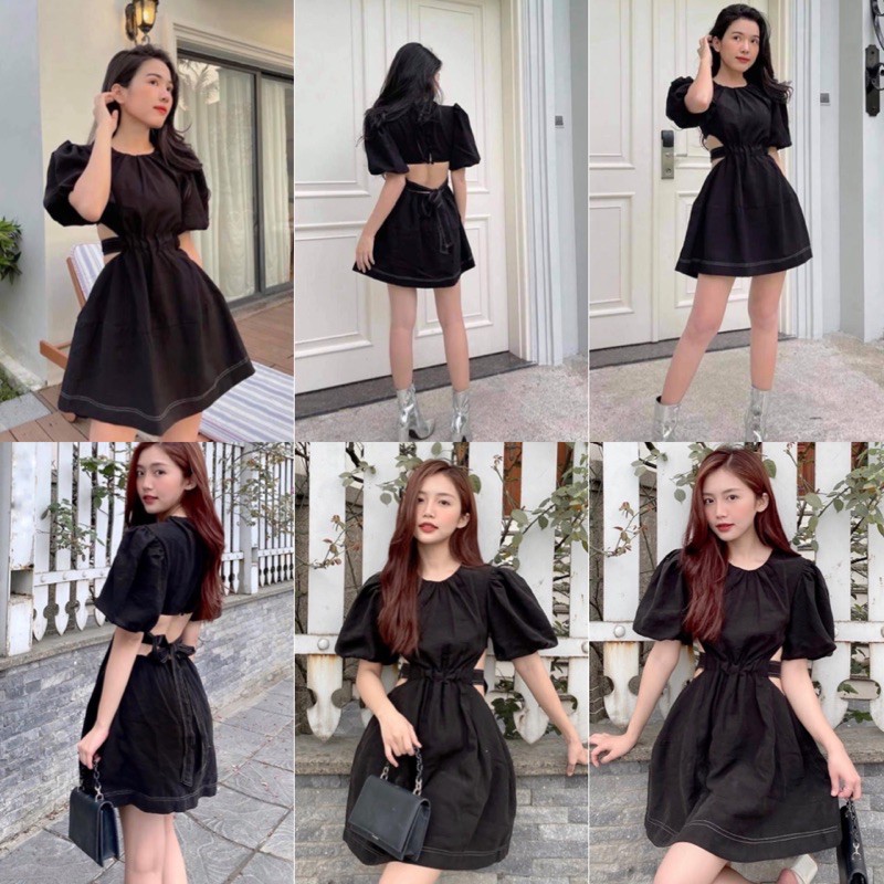 ĐẦM ĐEN ANNA DRESS thiết kế cut-out hở lưng sexy phần eo bo chun co giãn sau lưng thắt nơ có lót trong chất kaki chéo