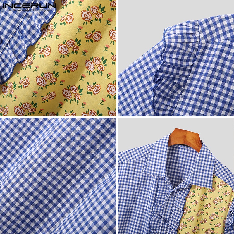 Áo sơ mi INCERUN ngắn tay viền bèo họa tiết kẻ sọc thời trang mùa hè cho nam