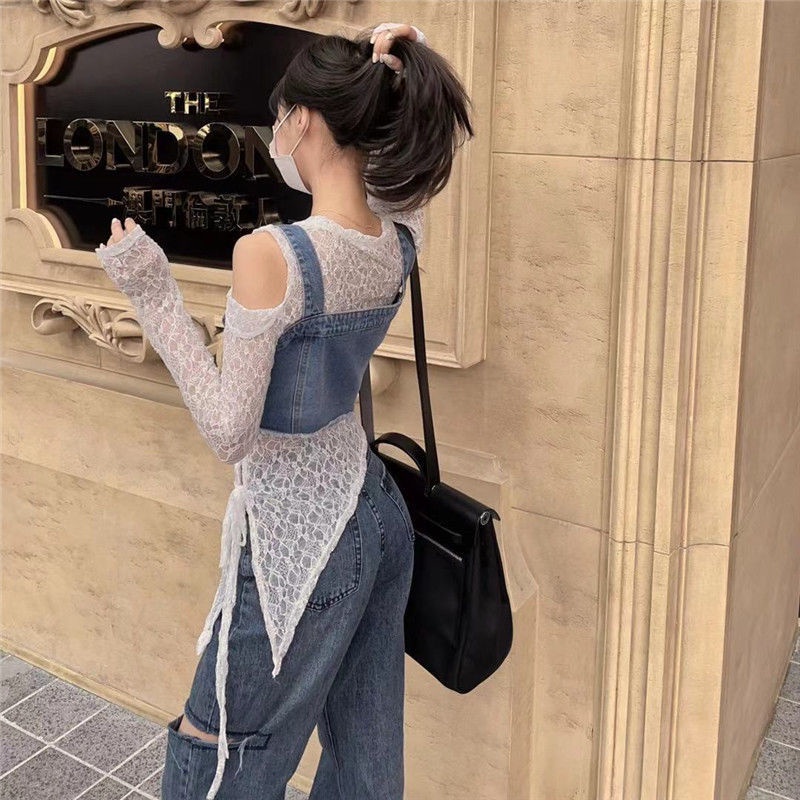 [New Hot】Irregular off-the-Shoulder Long SleeveTT-shirt Top Women's Outer Wear Summer Korean Style Anti-Aging Short Denim Vest Slingins-