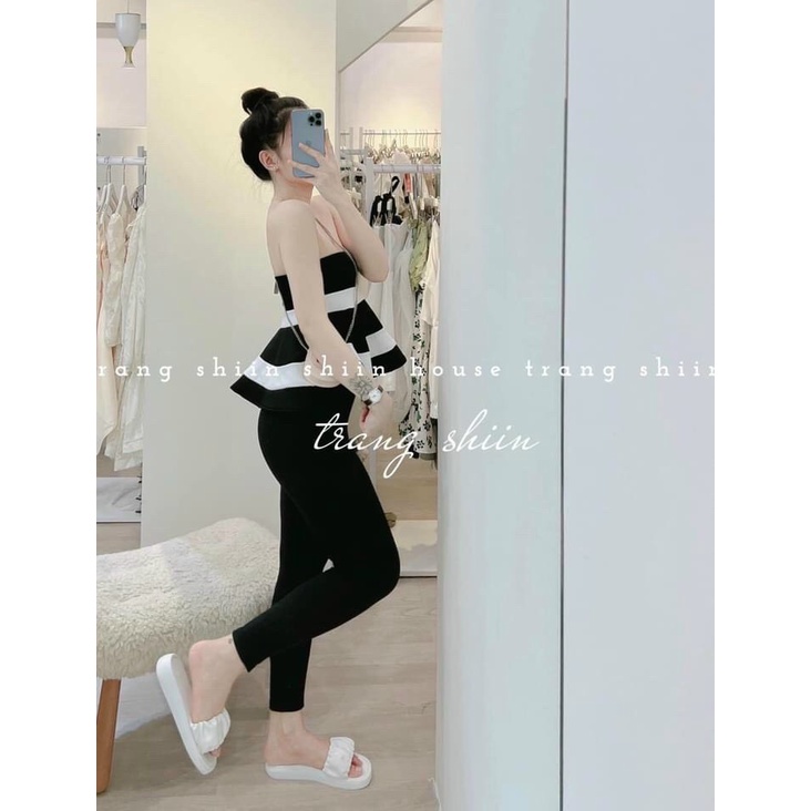 Set áo bẹt vai xòe kèm quần legging cho nữ mặc đi chơi, vải đẹp, form chuẩn, siêu dễ thương