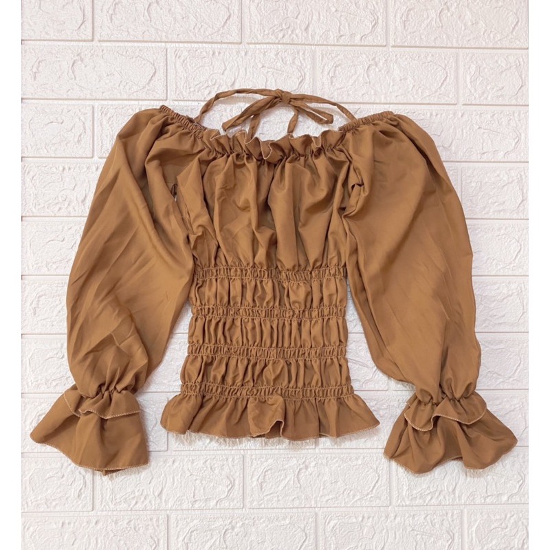 Áo kiểu nhún bo eo kèm dây cột nơ, vải voan đẹp