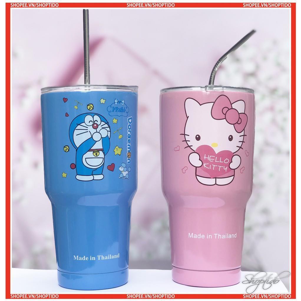Cathy Ly Giữ Nhiệt Inox 900ML Hình Doraemon, Kitty Tặng Kèm Ống Hút Và Túi Vải