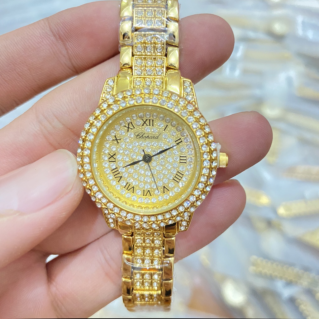 đồng hồ nữ chopard mặt tròn đính đá dây thép không gỉ sang trọng, chống nước, bảo hành 12 tháng