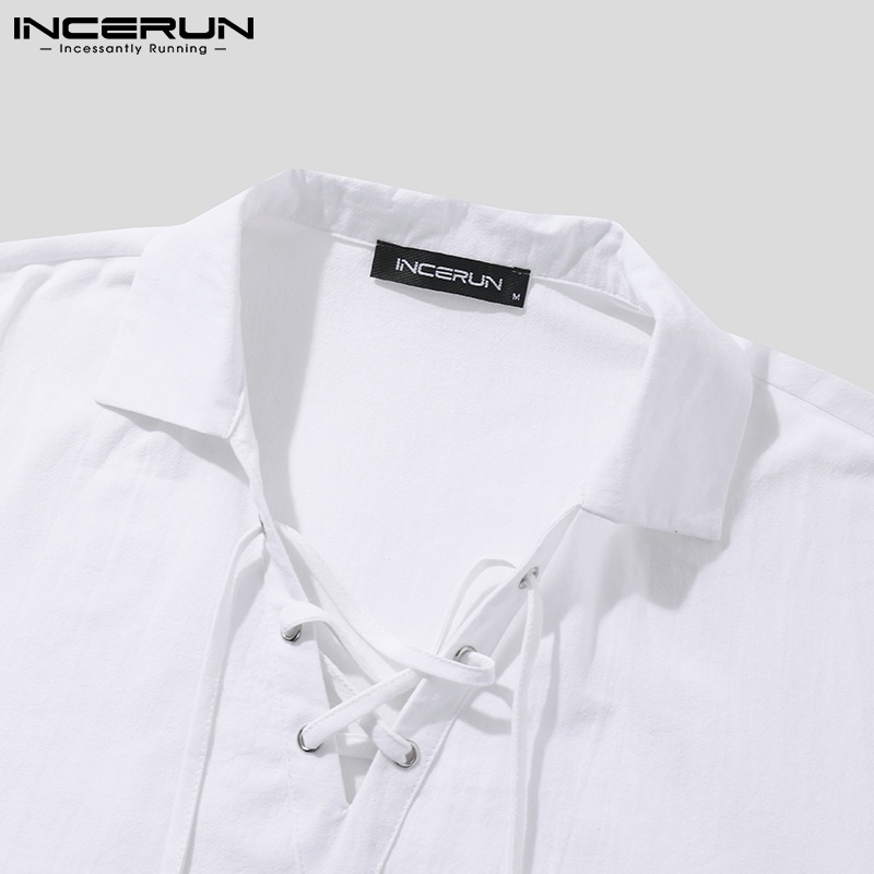 Áo sơ mi INCERUN màu trắng ngắn tay cột dây ở cổ thời trang hè cho nam