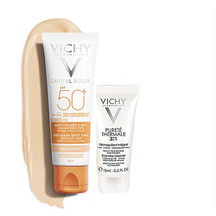 Bộ Đôi Kem Chống Nắng Ngăn Sạm Da, Giảm Thâm Nám Vichy Ideal Soleil Anti Dark Spot (50ml) + Sữa Rửa Mặt Tẩy Trang 3 in 1