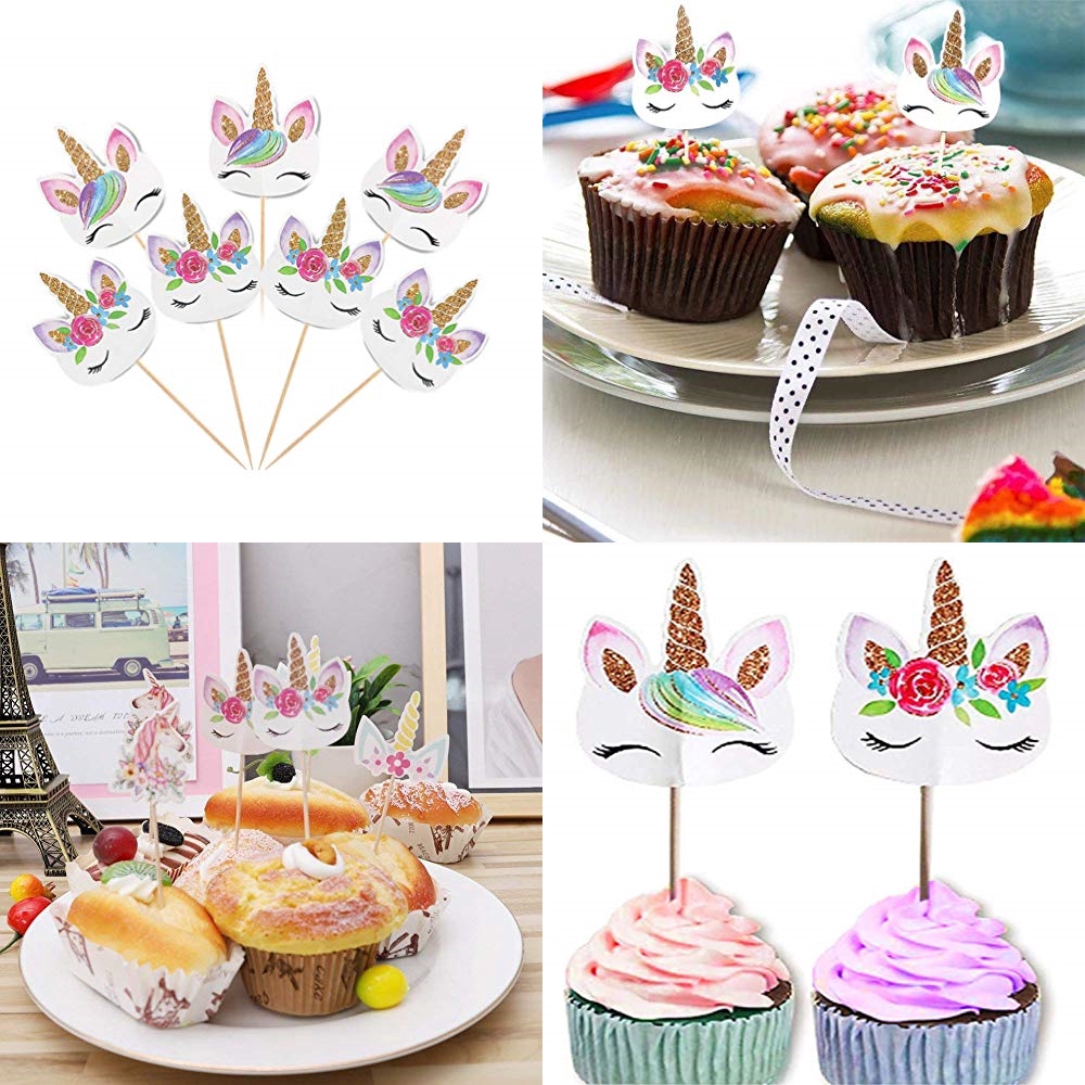 Set 48 que cắm in hình kỳ lân và cầu vồng dùng trang trí bánh cupcake