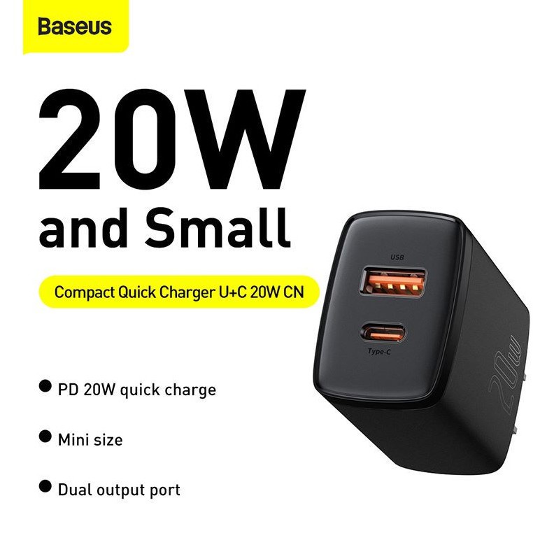 Củ sạc nhanh 20w iPhone và Android 2 cổng sạc typec và usb công nghệ sạc nhanh pd 3.0 và qc 3.0 chính hãng baseus