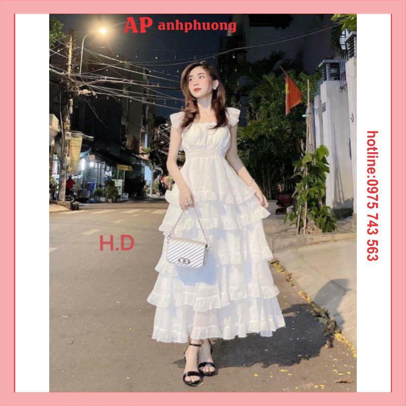 Đầm Trắng Công Chúa Nhiều Tầng Dự Tiệc Dáng XòeVáy Maxi thiết kế trễ vai or cổ vuông; mặc 2kiểu Vintage Tiểu Thư