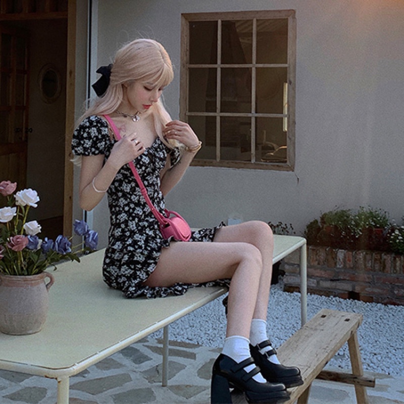 Đầm midi Tay Ngắn Hoạ Tiết Hoa Thiết Kế Xẻ Hợp Thời Trang