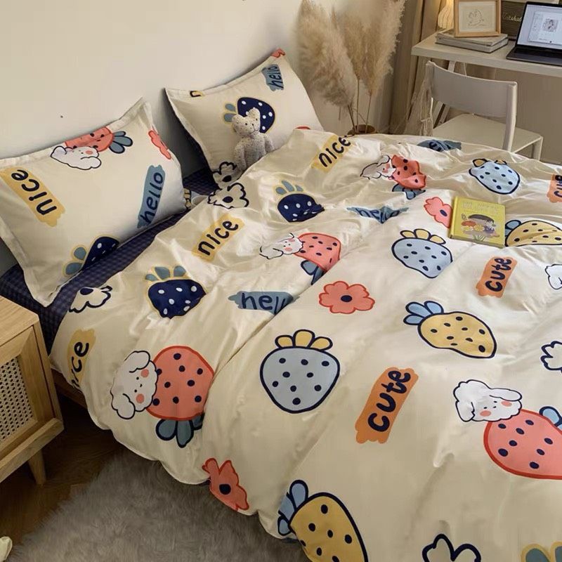 Bộ Chăn Ga Gối Cotton Poly Dâu Tây Nhiều Màu