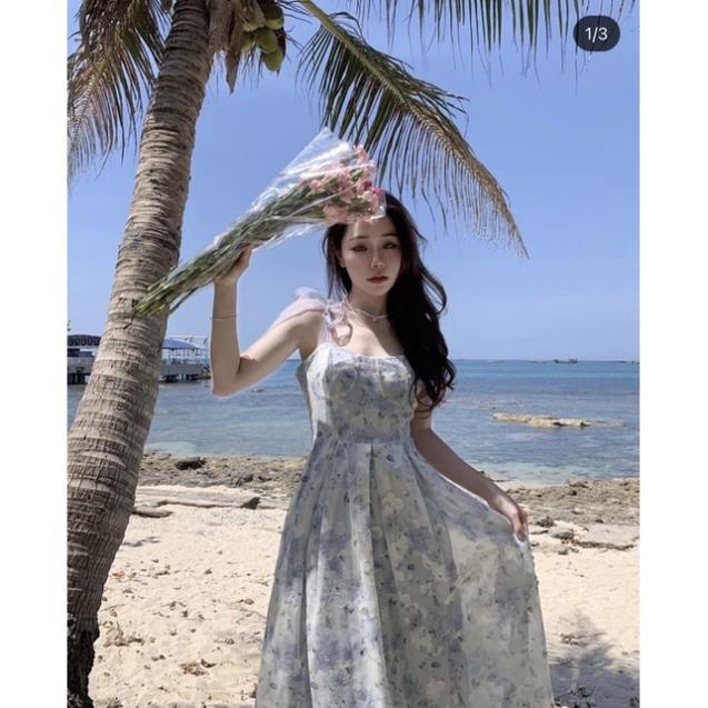 Đầm maxi hoa xanh dương loan 2 dây voan cột dây nơ