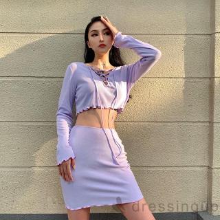 Bộ Áo Dài Tay Cổ Chữ V + Chân Váy Ngắn Bó Sát Gợi Cảm Cho Nữ