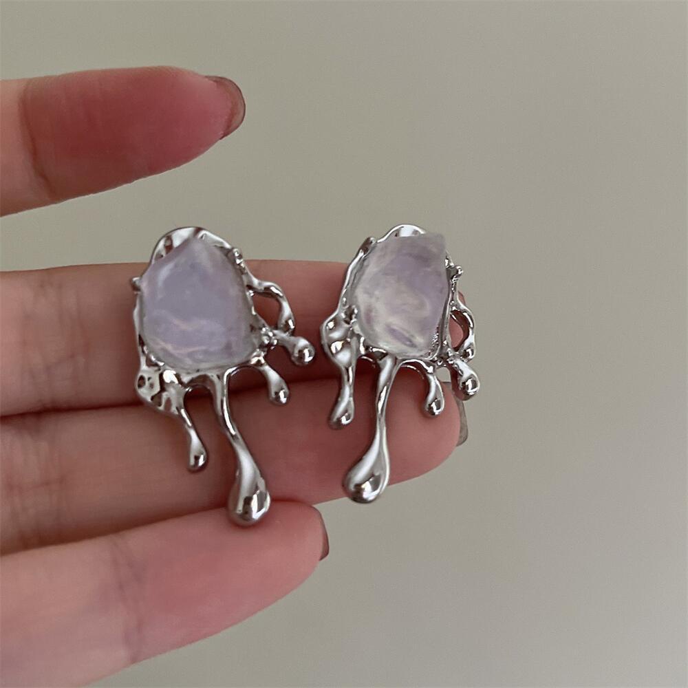 Khuyên tai hình học 19978 đá lava bất đối xứng phong cách harajuku thời trang độc đáo