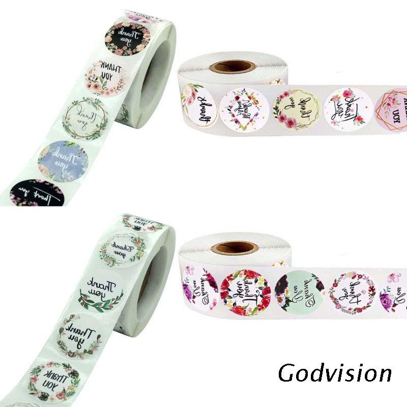 Cuộn 500 miếng dán in chữ Thank You và họa tiết hoa 4 hoặc 8 kiểu thiết kế tùy chọn trang trí túi quà Giáng Sinh DIY