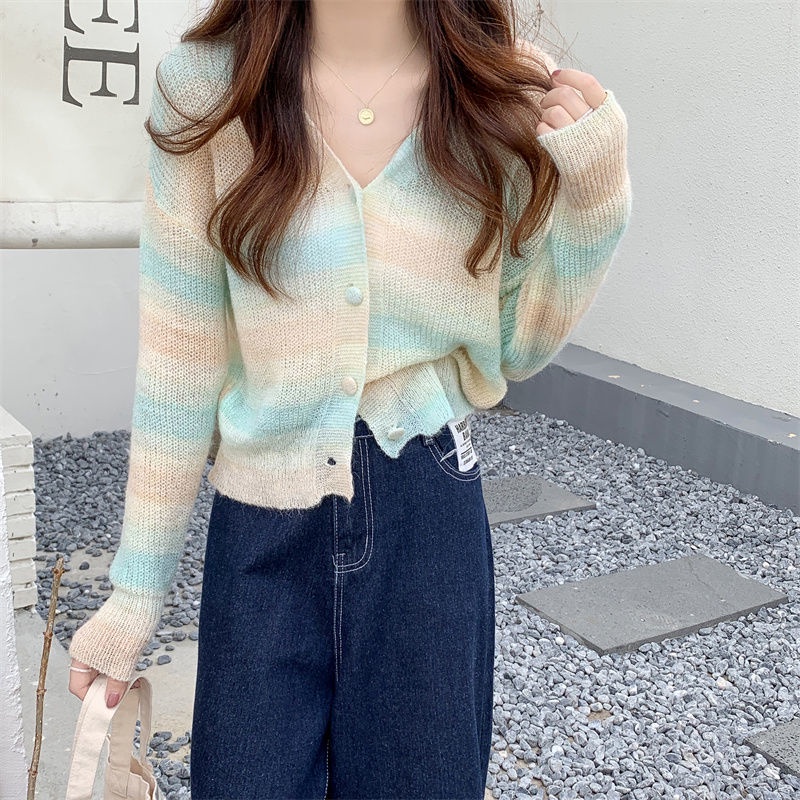 Áo cardigan Tay Dài Cổ Chữ V Form Ôm Họa Tiết Kẻ Sọc Cầu Vồng Ngọt Ngào Cho Nữ