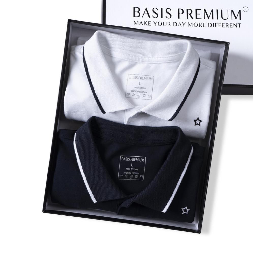 Áo thun polo nam 100% cotton cá sấu, thêu họa tiết ngôi sao và viền cổ cổ cấp, Basis APL194 đẹp ⭐