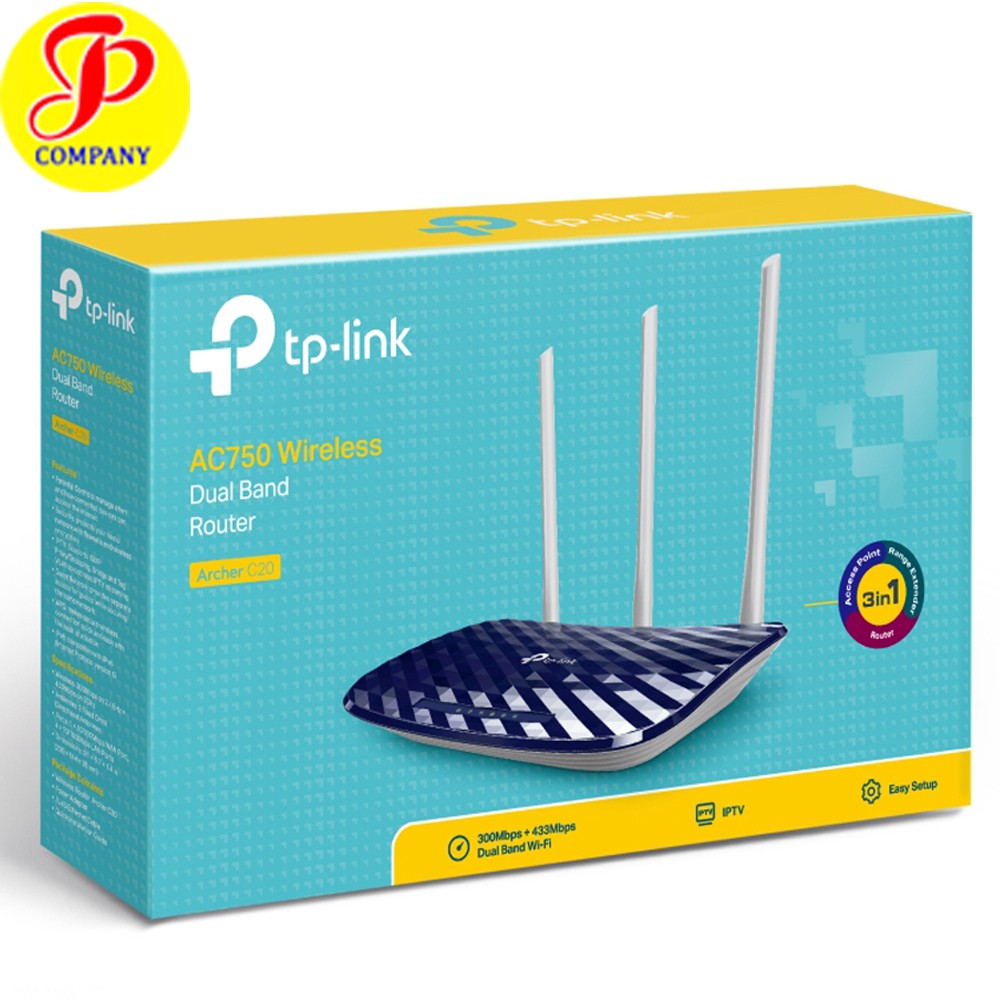 Bộ phát wifi TP-Link Archer C20 AC750 băng tần kép - Chính hãng, Bảo hành 2 năm