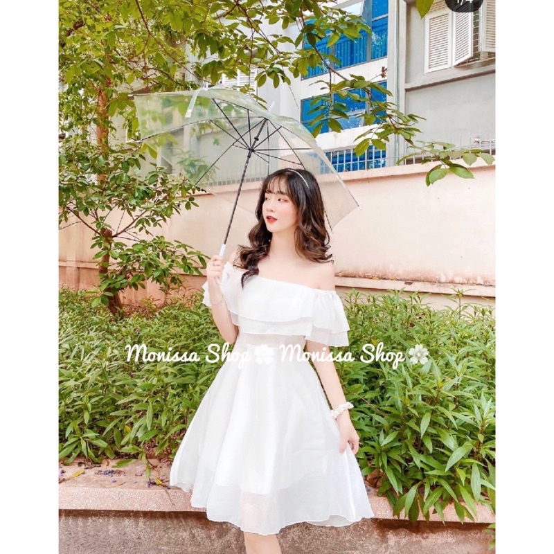 Váy trễ vai voan tơ công chúa màu trắng freesize