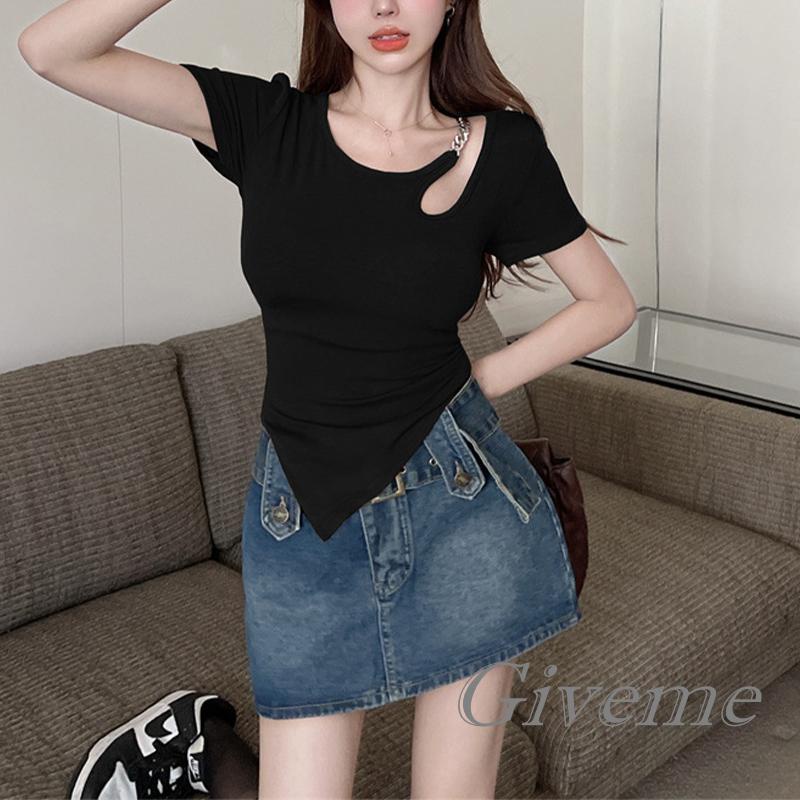 Áo Thun Tay Ngắn Phối Dây Xích Kim Loại Thời Trang Xuân Hè Cho Nữ