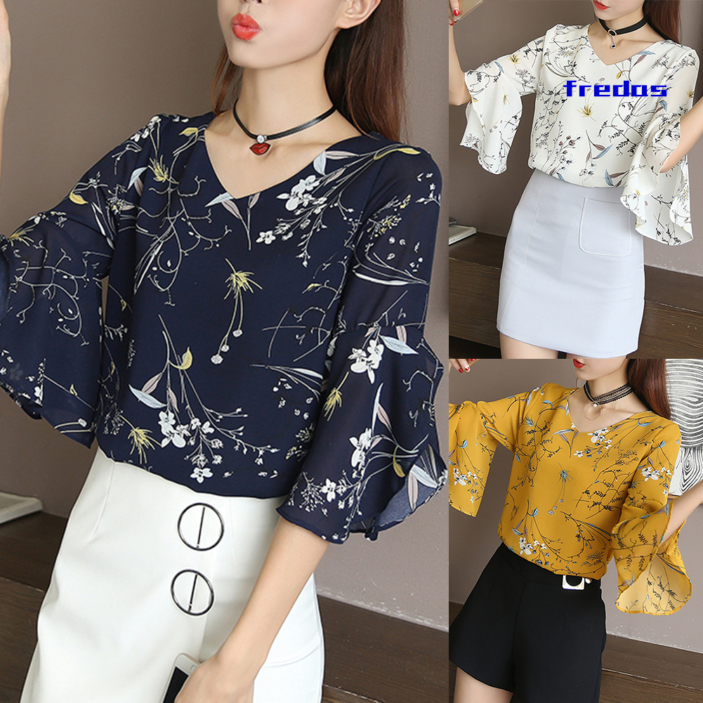 Áo Sơ Mi Chiffon Tay Lỡ Cổ Chữ V In Hoa Thời Trang Công Sở Thanh Lịch Cho Nữ