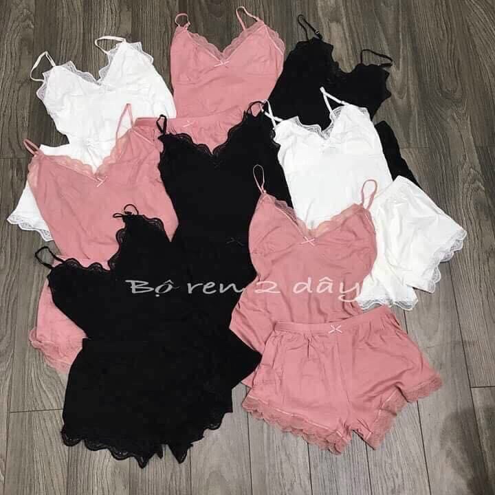 Set bộ phối ren đùi mặc nhà, set đồ ngủ 2 dây quần đùi thun gân thấm hút tốt