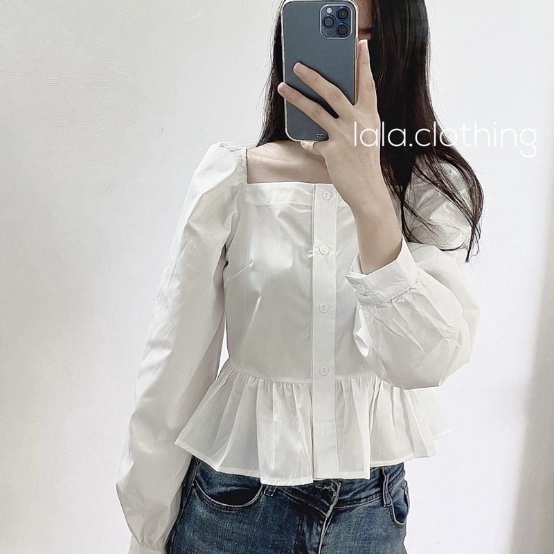 (SẴN) Áo sơ mi cổ vuông peplum dáng ngắn