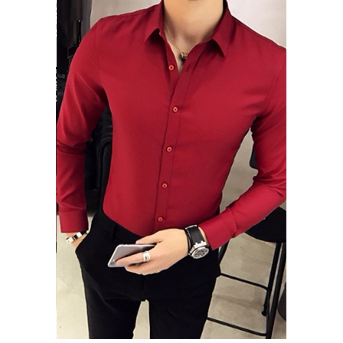 Áo Sơ mi nam đỏ đô dài tay vải không nhăn mịn mát