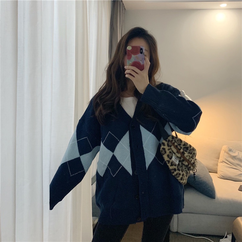 17b45 |Bảng Phấn Mắt 2 Màu 2 Màu Thời Trang| Áo Khoác Sweater Dệt Kim Tay Dài Dáng Rộng Đính Đá Dễ Thương