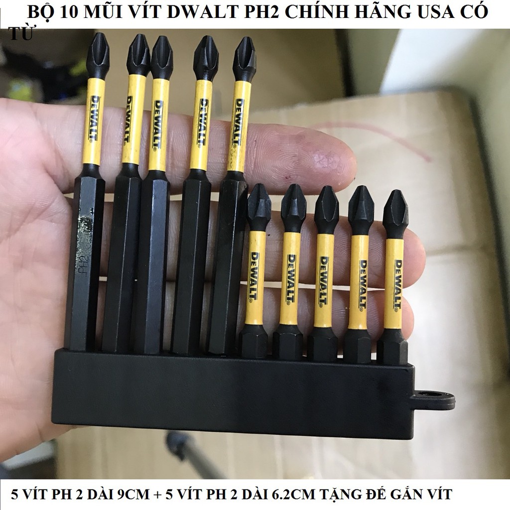 Trọn Bộ 10 Mũi Vít Dewalt Hàng Nhập Mỹ Ph2 kèm đế gắn vít