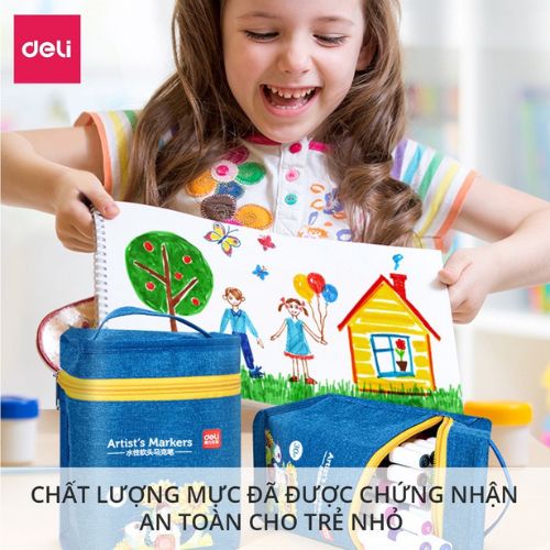 Bút màu marker DELI 2 đầu túi vải bò mực có thể rửa được, bút màu có đầu brush và vát 30 40 60 80 màu- 70808