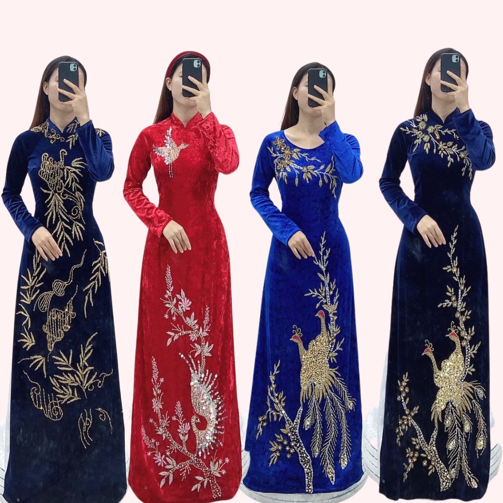Áo Dài Thiết Kế Nhung đính kết pha lê họa tiết, áo dài abf sui, áo dài đi dự tiệc áo dài cho các bà mẹ trẻ trung
