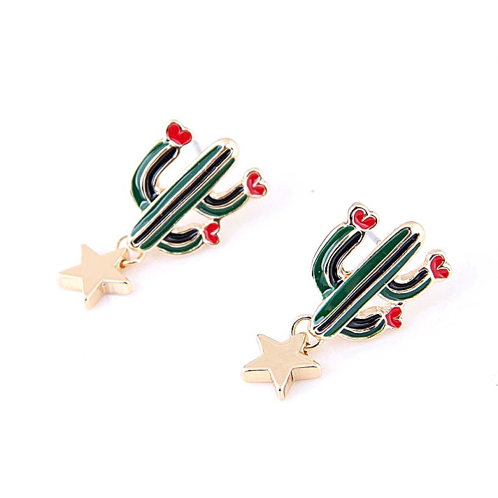 Bông tai hình xương rồng ngôi sao - Khuyên tai nữ kim loại - Cute Cartoon Cactus Earrings