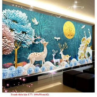 Tranh thêu kín Hươu Tài Lộc dưới ánh trăng E77 (100x55cm)- Chưa thêu
