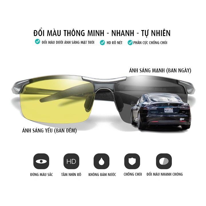 Mắt kính nam đổi màu đi ngày và đêm gọng nhôm magiê nhẹ,tròng polarized phân cực, chống tia UV - MK1903