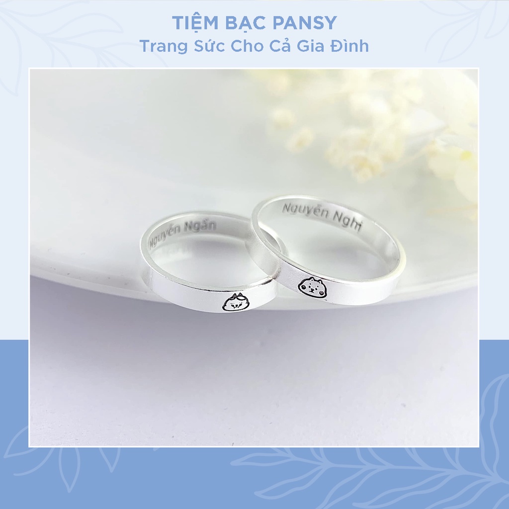 Nhẫn đôi bạc nam nữ hình gấu PANSY miễn phí khắc tên, nhẫn cặp đôi uyên ương bằng bạc ta cao cấp