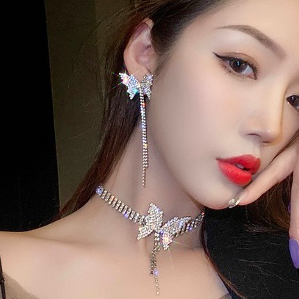 (Có clip+ ảnh thật) Bộ choker + khuyên tai đính full đá sang chảnh hình bướm trendy