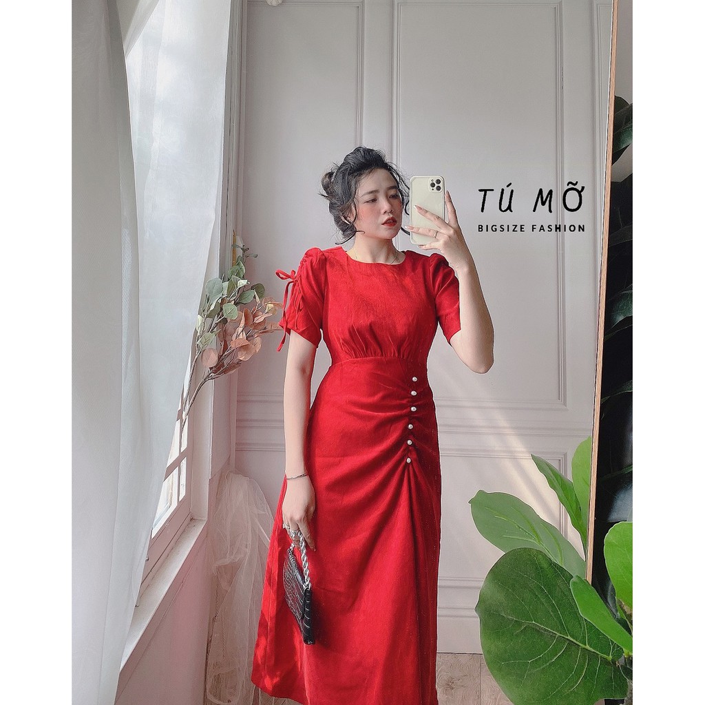 Đầm Bigsize nhung phối nút x DA0014  - Tú Mỡ - đầm cho người béo mập 50-95KG - Mặc đi tiệc, đi chơi hoặc dạo phố | BigBuy360 - bigbuy360.vn