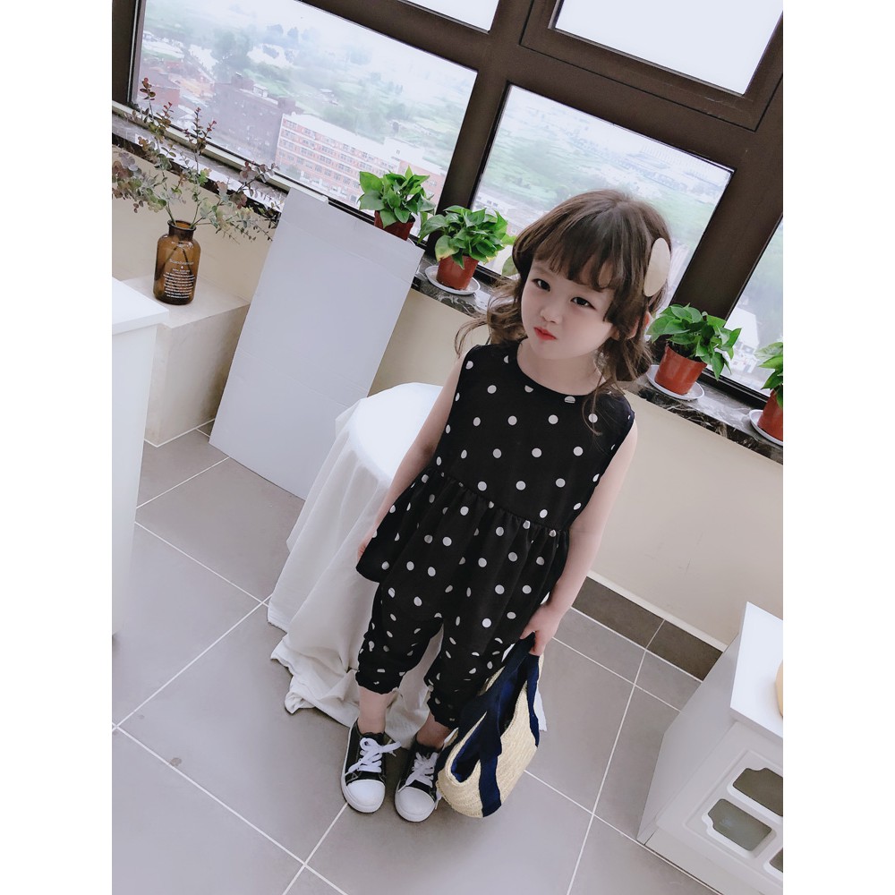 Mùa hè 2019 mới trẻ em không tay vest cổ tròn + quần chấm bi hai bộ bé gái nhỏ vừa vặn
