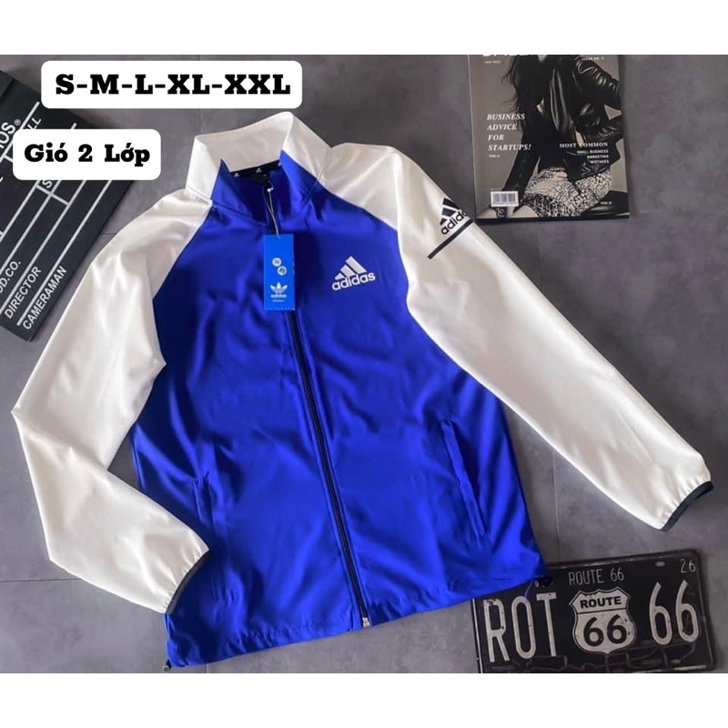 Áo Khoác Gió Nhẹ Nam Nữ 2 Lớp Chống Nắng ADIDAS Màu Xanh Trắng Thể Thao - áo gió adidas nam Nữ Form Xuông Có Dây Rút