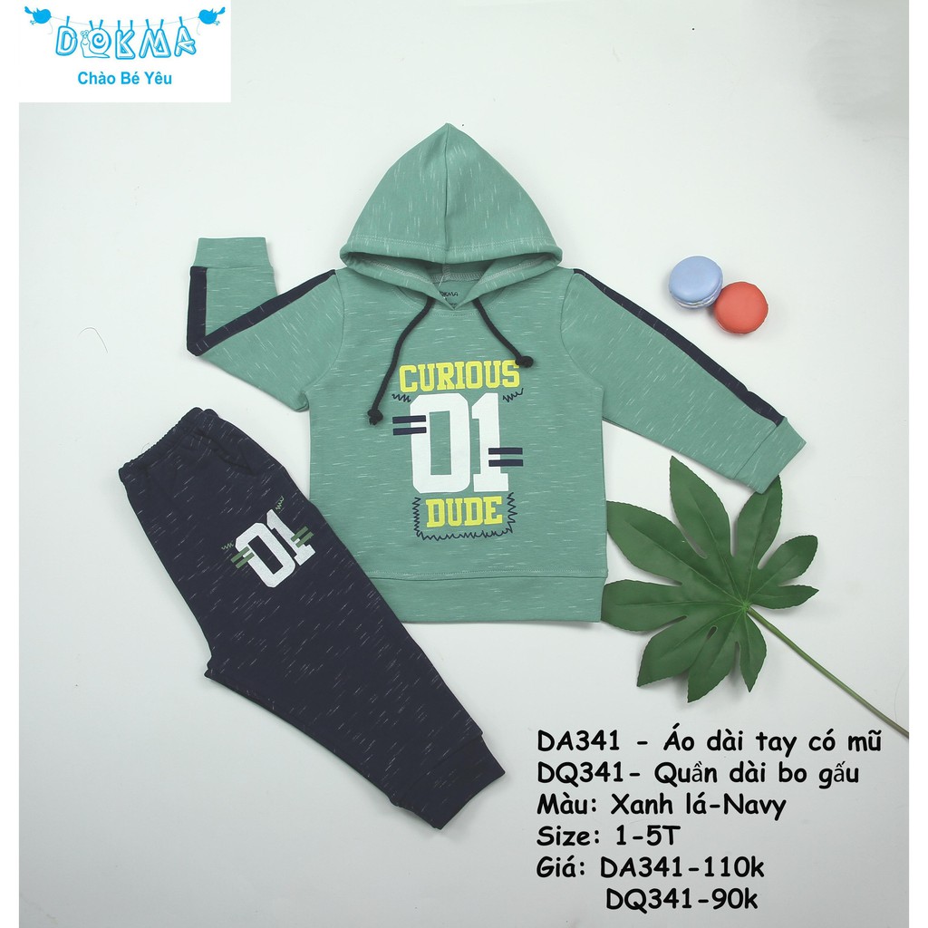 Dokma - Bộ cotton dày dặn có mũ in chữ BT 1-5y DA341