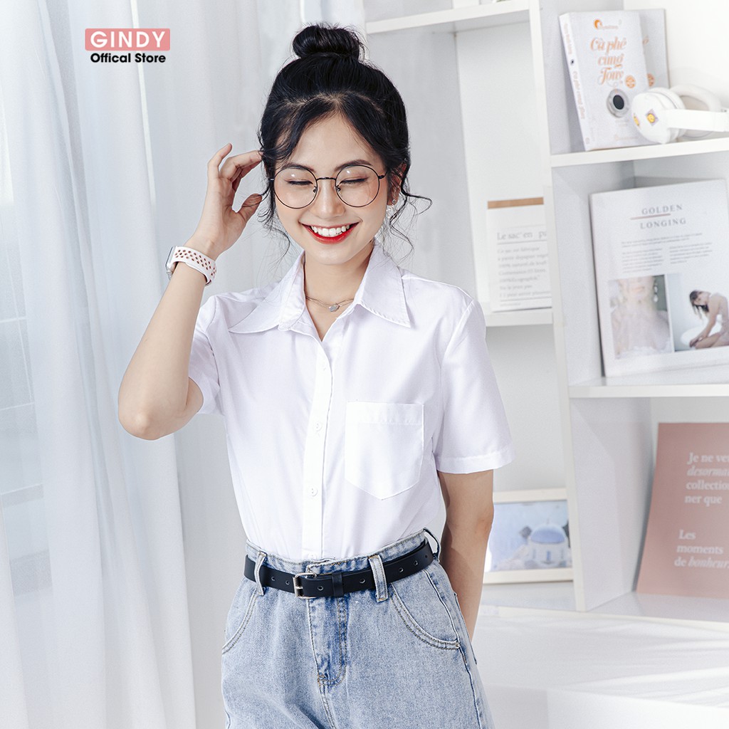 Áo sơ mi nữ cộc tay nữ GINDY tay ngắn có túi form dáng suông vải lụa nano thời trang Hàn Quốc, công sở A5143