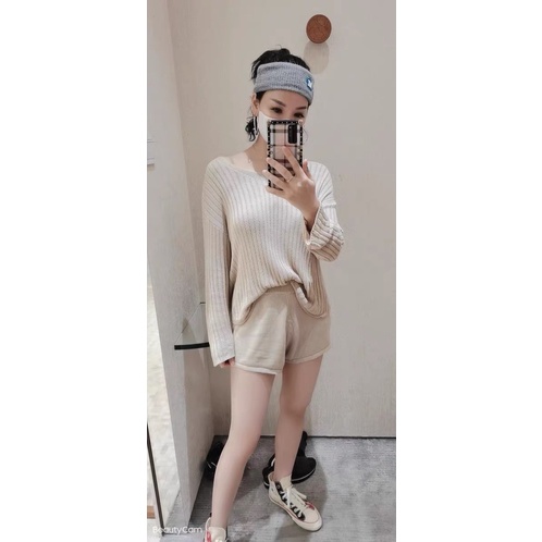 Set bộ quần áo len cổ chữ V mềm mại phom rộng